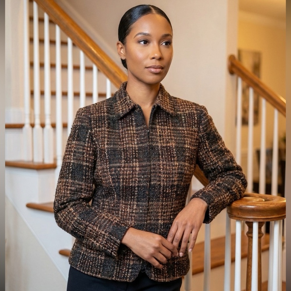 Sag Harbor Petites Plaid Bouclé Zip Jacket Blazer Size 6P